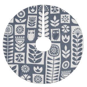 Falda Para El Árbol De Navidad De Poliéster Floral escandinava: blanco, azul, Minimalista.