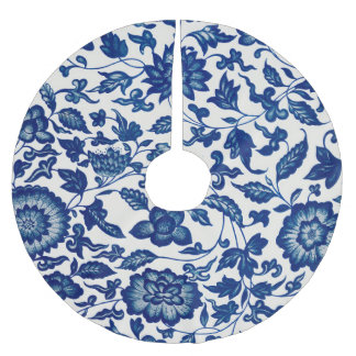 Falda Para El Árbol De Navidad De Poliéster Floral ornamental azul chino