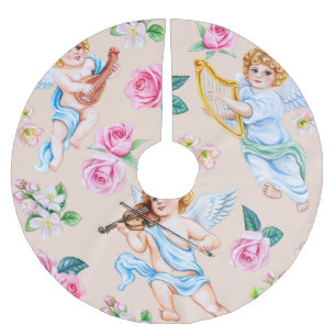 Falda Para El Árbol De Navidad De Poliéster Florales Angélicos: Patrón Cupido Vintage