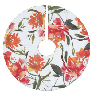 Falda Para El Árbol De Navidad De Poliéster Flores acuarelas, patrón impecable a mano.