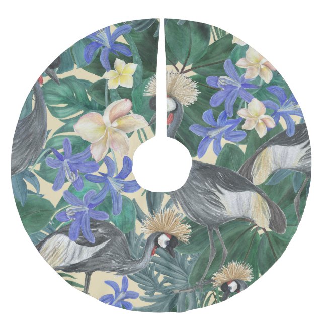 Falda Para El Árbol De Navidad De Poliéster Flores Azules Plumerias, Acuarela Seamless. (Anverso)