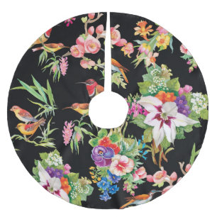 Falda Para El Árbol De Navidad De Poliéster Flores de aves silvestres: Vintage negro