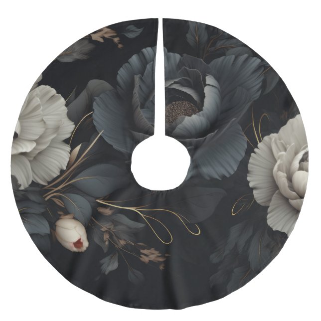 Falda Para El Árbol De Navidad De Poliéster Flores de blanco y negro (Anverso)