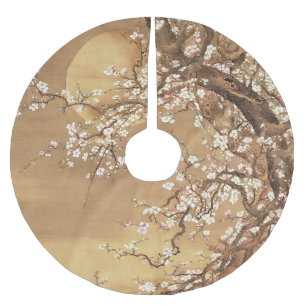 Falda Para El Árbol De Navidad De Poliéster Flores de ciruelas antiguas japonesas a la luz de 