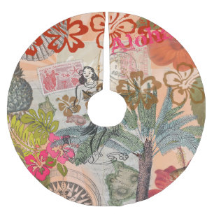 Falda Para El Árbol De Navidad De Poliéster Flores de época tropical hawaiana colorida hula