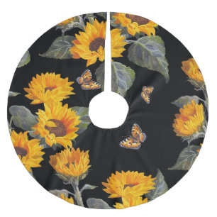 Falda Para El Árbol De Navidad De Poliéster Flores de sol y mariposas: fondo negro acuarela