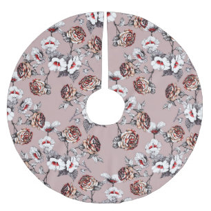 Falda Para El Árbol De Navidad De Poliéster Flores dibujadas a mano, acuarela rosa.