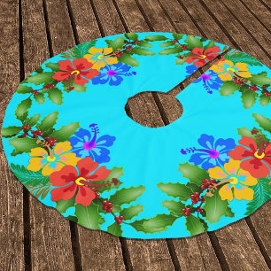 Falda Para El Árbol De Navidad De Poliéster Flores hawaianas Hibiscus Aqua