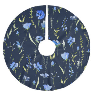 Falda Para El Árbol De Navidad De Poliéster Flores Rusticas Azules: Ilustracion Botánico.
