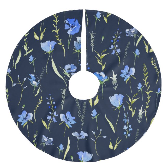 Falda Para El Árbol De Navidad De Poliéster Flores Rusticas Azules: Ilustracion Botánico. (Anverso)