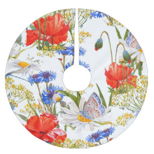 Falda Para El Árbol De Navidad De Poliéster Flores silvestres: acuarela azul oscuro sin costur