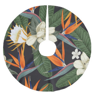 Falda Para El Árbol De Navidad De Poliéster Flores tropicales, fondo oscuro, sin costura flora