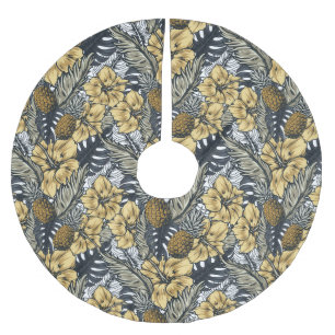 Falda Para El Árbol De Navidad De Poliéster Flores tropicales negras de lujo elegante Gold N'