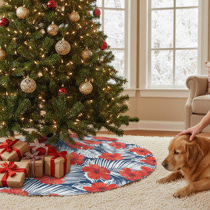 Falda Para El Árbol De Navidad De Poliéster Foliage Rojo Floral Tropical Hibiscus   NAVIDADES