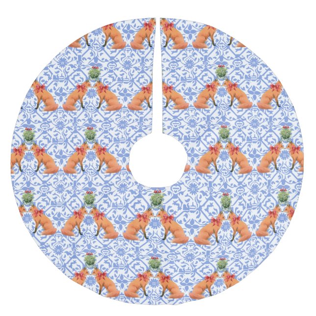 Falda Para El Árbol De Navidad De Poliéster Foxes Kissing Under Mistletoe Blue Chinoiserie (Anverso)