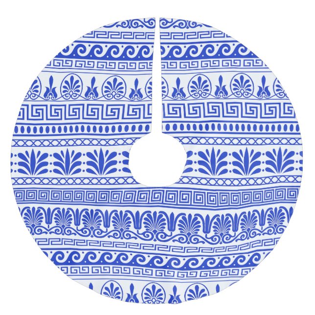 Falda Para El Árbol De Navidad De Poliéster Fret griego, patrón mediterráneo, azul (Anverso)