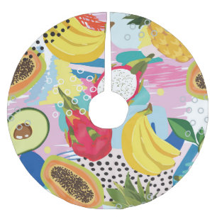 Falda Para El Árbol De Navidad De Poliéster Frutas Tropicales, Patrón Vintage sin Mar.
