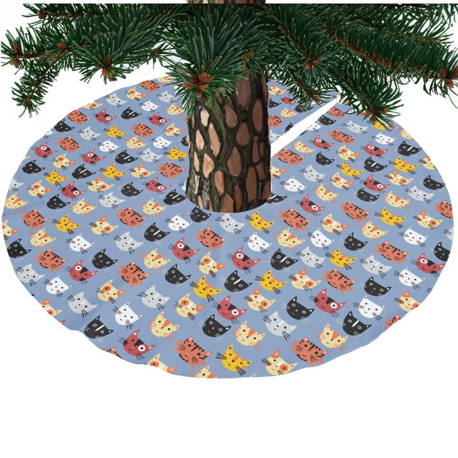 Falda Para El Árbol De Navidad De Poliéster Fun Kitty Cat Pattern Blue (Fun kitty cat pattern festive Christmas tree skirt)