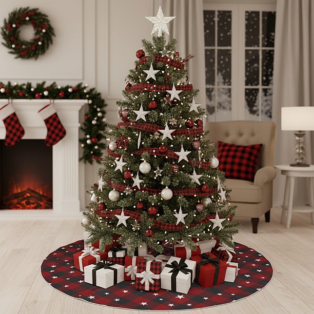 Falda Para El Árbol De Navidad De Poliéster Funda roja y negra con estrellas (Subido por el creador)