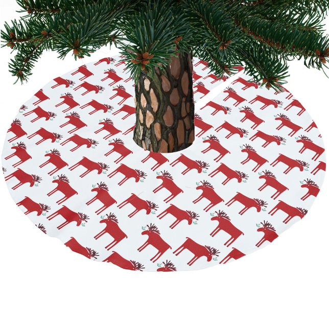 Falda Para El Árbol De Navidad De Poliéster Funny Moose y Mistletoe Holiday (Moose or elk with mistletoe fun festive red and white Christmas tree skirt)