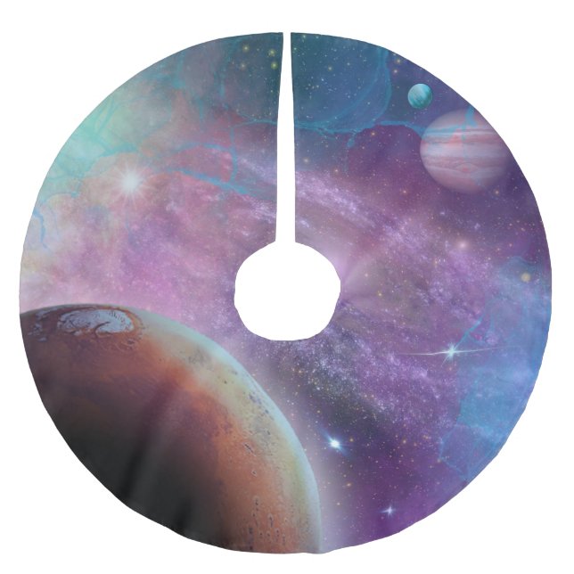 Falda Para El Árbol De Navidad De Poliéster Galaxia púrpura con planetas (Anverso)