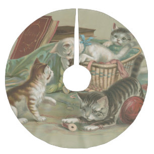 Falda Para El Árbol De Navidad De Poliéster Gatitos Victorianos Antiguos Jugando en una Cesta