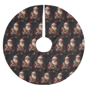 Falda Para El Árbol De Navidad De Poliéster Gato abisinio con Navidad festiva de Santa Claus 