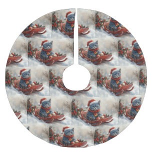 Falda Para El Árbol De Navidad De Poliéster Gato Azul Oriental en Trineo Deja que Nieve Navida