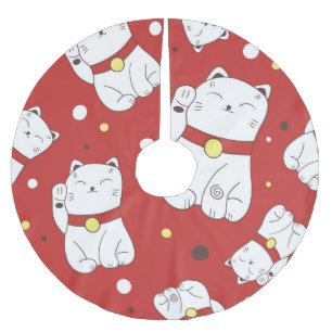 Falda Para El Árbol De Navidad De Poliéster Gato Maneki-Neko, patrón de doodle japonés.