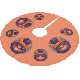 Falda Para El Árbol De Navidad De Poliéster Gato naranja con Gorra de bruja morada Halloween