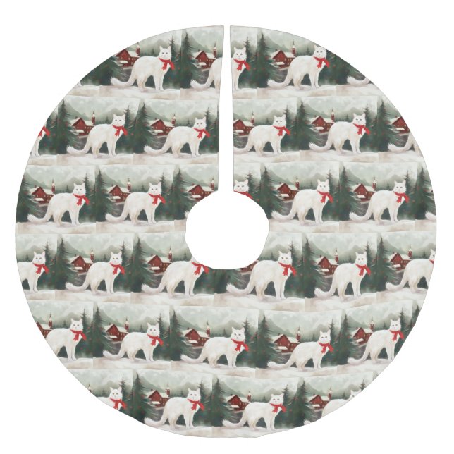 Falda Para El Árbol De Navidad De Poliéster Gato turco angora en Navidades de nieve (Anverso)
