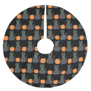 Falda Para El Árbol De Navidad De Poliéster Gato y calabaza de Halloween