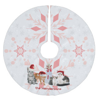 Falda Para El Árbol De Navidad De Poliéster Gatos de vacaciones Personalizado rojo y copo de n