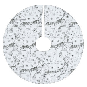 Falda Para El Árbol De Navidad De Poliéster Gatos dibujados a mano en blanco y negro y árbol d