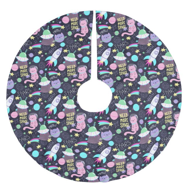 Falda Para El Árbol De Navidad De Poliéster Gatos espaciales (Anverso)