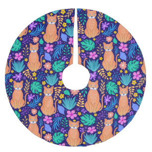 Falda Para El Árbol De Navidad De Poliéster Gatos y flores tropicales: Patrón oscuro