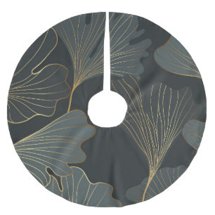 Falda Para El Árbol De Navidad De Poliéster Ginkgo dorado: Deco floral de lujo.