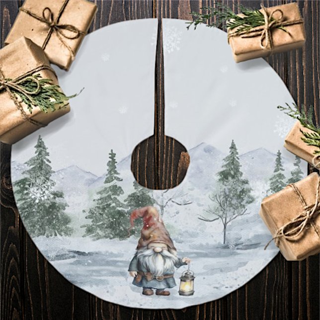 Falda Para El Árbol De Navidad De Poliéster Gnome de Navidades de invierno acuarela (Watercolor Winter Christmas Gnome Tree Skirt)