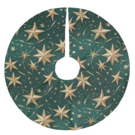 Falda Para El Árbol De Navidad De Poliéster Gold Stars Tree Skirt | Dark Green Elegant Decor