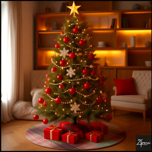 Falda Para El Árbol De Navidad De Poliéster Gran Tartán Rojo Sage Marrón Vertical