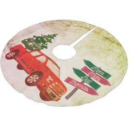 Falda Para El Árbol De Navidad De Poliéster Green Red Truck Family Rustic Vintage Christmas