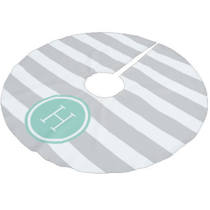 Falda Para El Árbol De Navidad De Poliéster Gris y Aqua Preppy Strips Monograma