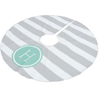 Falda Para El Árbol De Navidad De Poliéster Gris y Aqua Preppy Strips Monograma