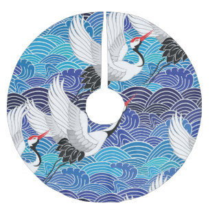 Falda Para El Árbol De Navidad De Poliéster Grúa japonesa: Patrón de pájaro ordenado.