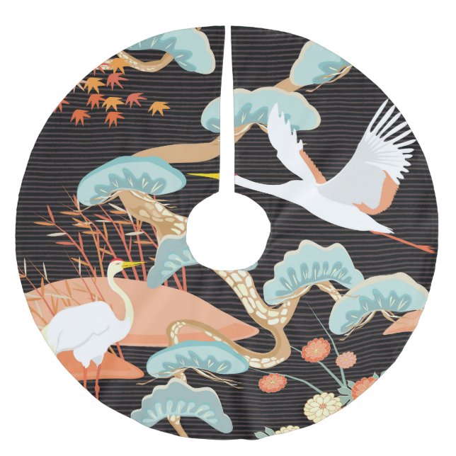 Falda Para El Árbol De Navidad De Poliéster Grullas, garzas: Patrón de pájaros japoneses. (Anverso)