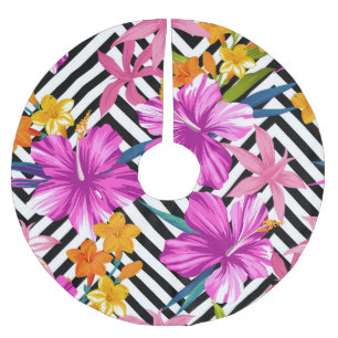 Falda Para El Árbol De Navidad De Poliéster hibisco tropical, hojas de palma, geométrico.