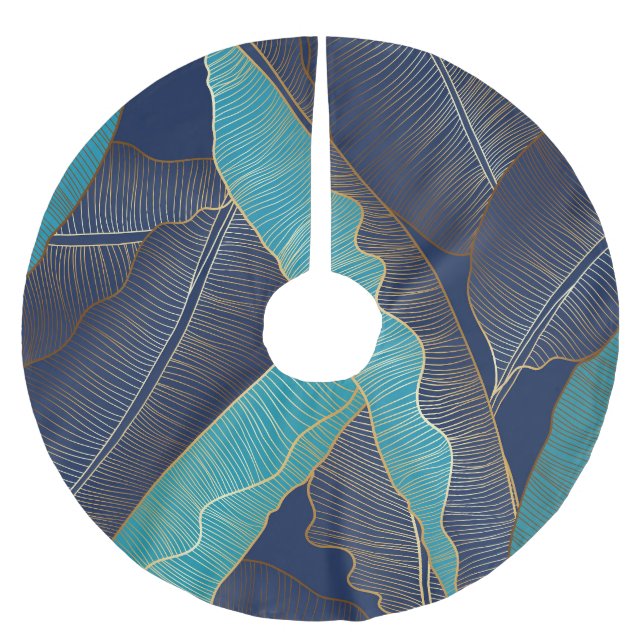 Falda Para El Árbol De Navidad De Poliéster Hoja de Banana Dorada: Patrón de Lujo. (Anverso)