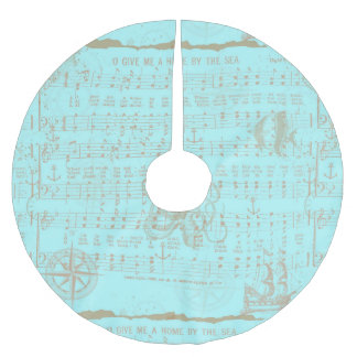 Falda Para El Árbol De Navidad De Poliéster Hoja musical náutica verde azulada del vintage