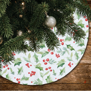 Falda Para El Árbol De Navidad De Poliéster Hojas de acebo verdes elegantes bayas rojas 