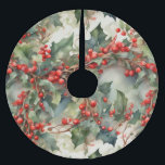 Falda Para El Árbol De Navidad De Poliéster Hojas de colmenas de color de agua vintage<br><div class="desc">Una pintada de acuarela vintage de bayas y hojas clásicas. ¡Personalizable!</div>
